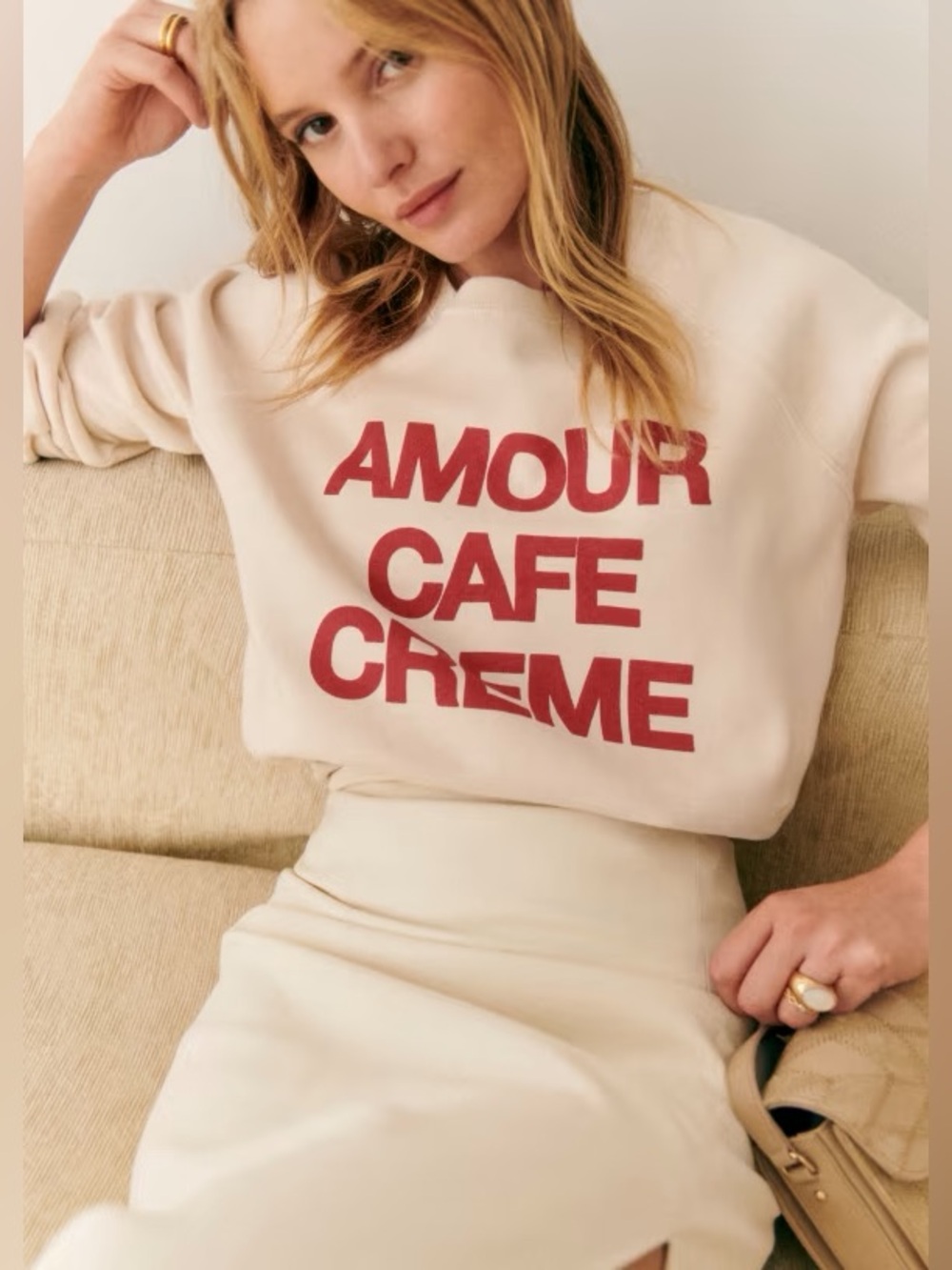Sezane Amour Cafe Creme Red Cream Sweatshirt Small perfect cond no smoke or pets